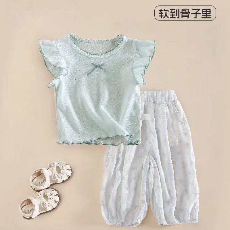 Girls Summer Suit 2025 New Baby Short-Sleeved T-Shirt Tops Baby Summer Light Anti-Mosquito Pants Loose Pants