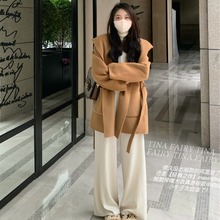 高端驼色经典小个子短款连帽短款双面羊绒大衣系带修身羊毛外套