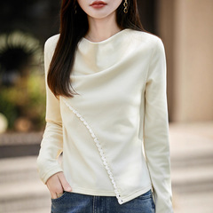 高级感荡领花边长袖T恤女2025秋季修身显瘦体恤打底衫设计感上衣