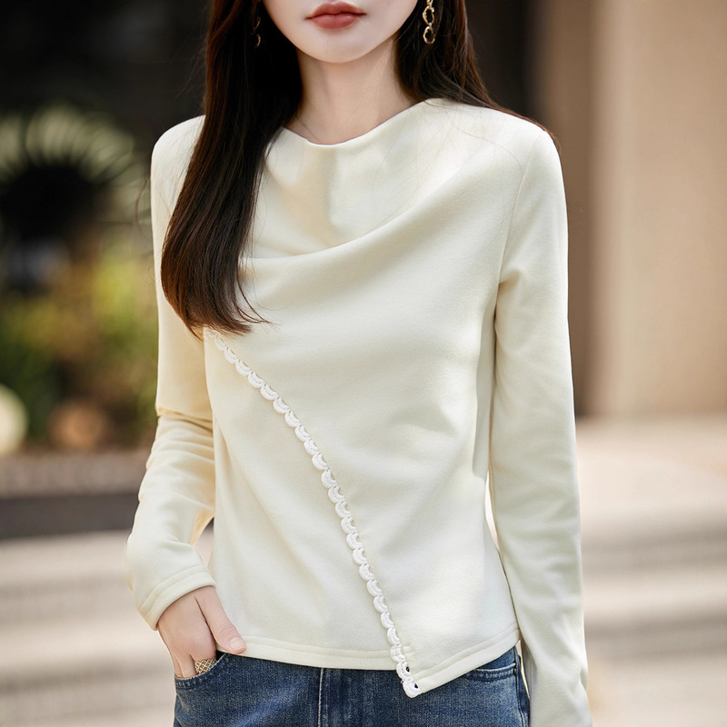 高级感荡领花边长袖T恤女2025秋季修身显瘦体恤打底衫设计感上衣|undefined
