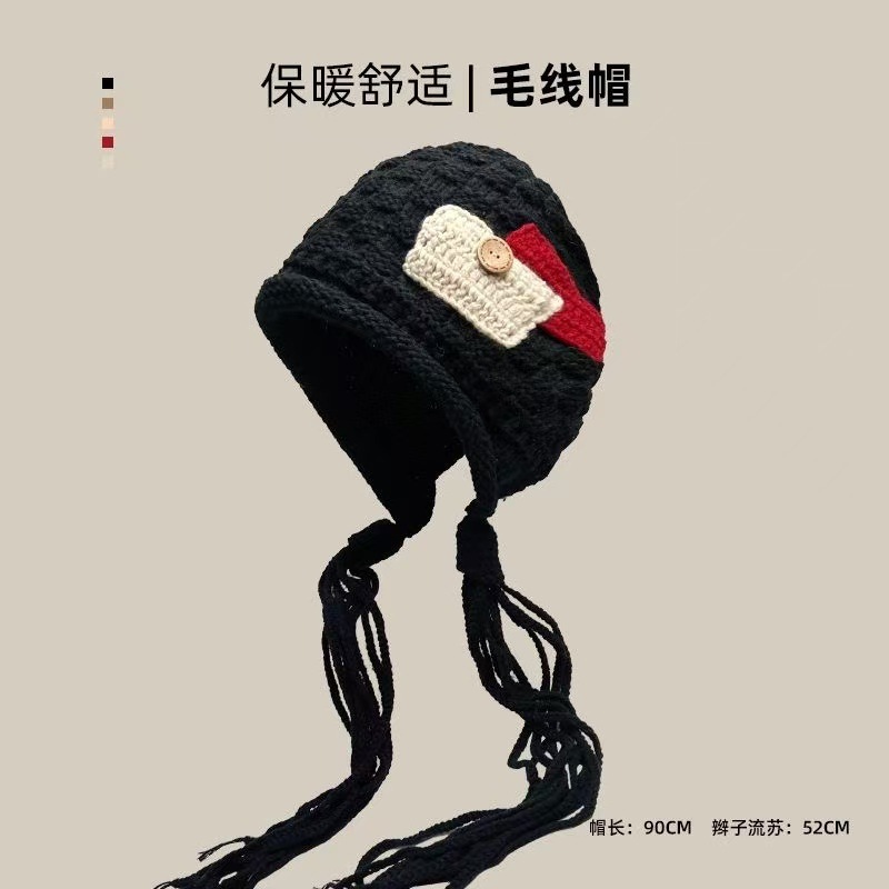 手工辫子针织帽潮新款时尚贴布流苏红色毛线帽子女秋冬季保暖纽扣|undefined