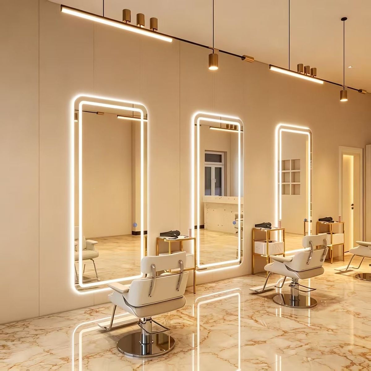 Fábrica mayorista de peluquería espejo con lámpara de peluquería espejo tabla de cabello especial tipo pared unilateral cortador de cabello espejo de permación