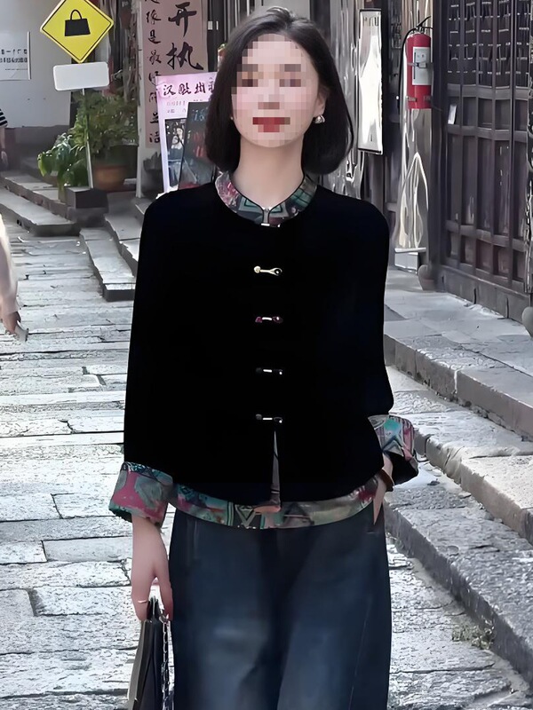 新中式洋气长袖短外套女士秋装新款别致立领撞色上衣宽松盘扣衬衫|undefined