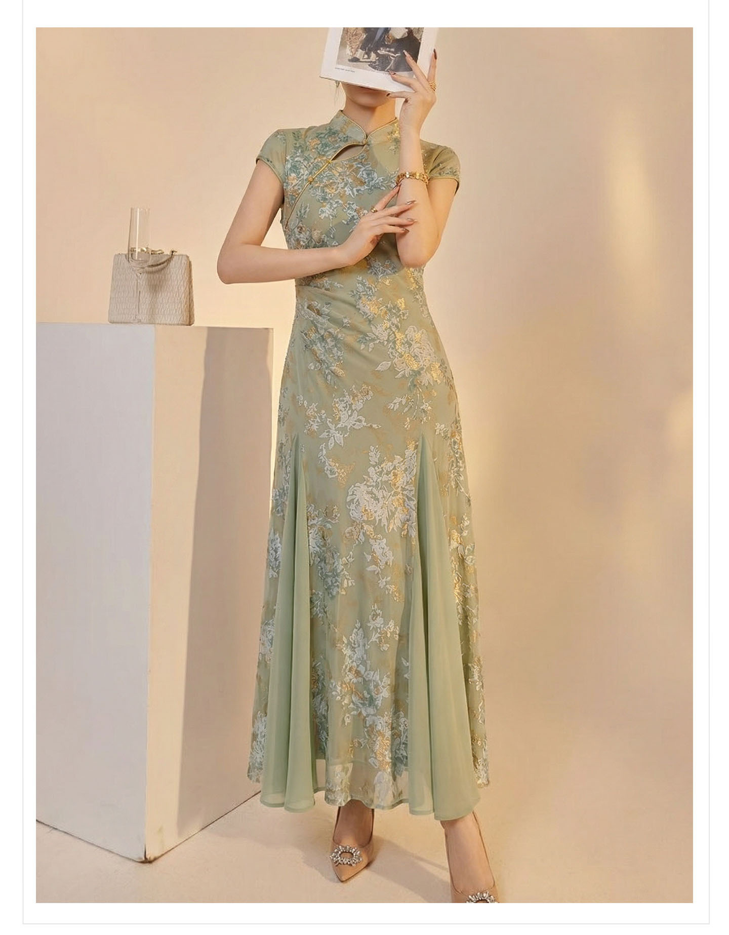 Váy sườn xám cổ đứng họa tiết jacquard chạm rỗng phong cách Tân Trung Hoa mùa hè — Xanh lá cây nhạtcolor chi tiết 16