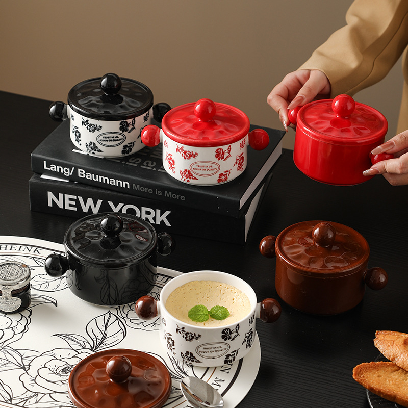 High-Quality Ceramic Water-Proof Stewed Steamed Egg Household Soup Bowl Dessert Pudding Bowl with Lid Stew Cup Baking Baby Food Bowl