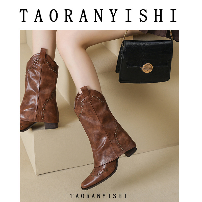 2025 Retro Short Brown V-cut Fashionable Western Cowboy Boots, Studded Mid-calf Boots For Women_vogvips.com