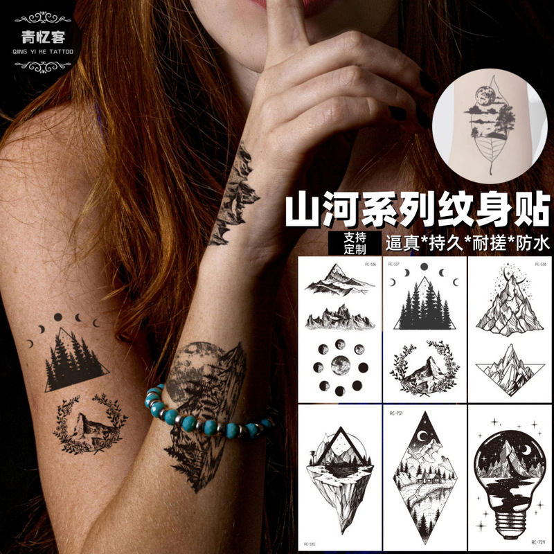 Cross-Border Wholesale Natural Elements Mountain Moon Forest Simple Dark Retro Temporary Tattoo Stickers Party Ins