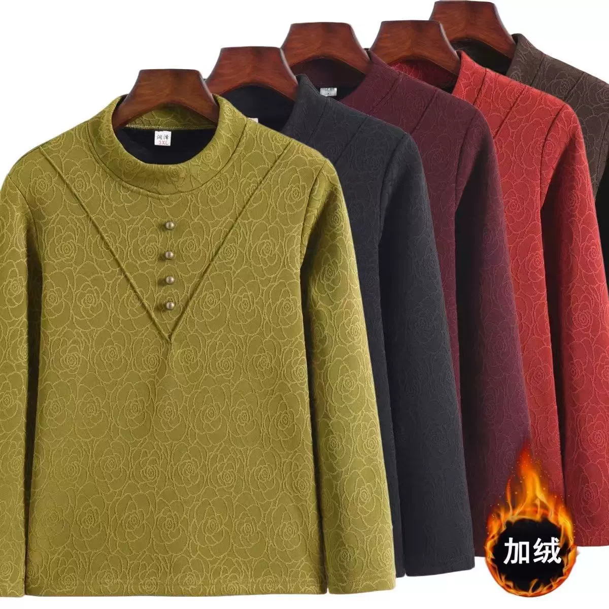 中老年针织衫保暖一体绒打底衫妈妈装秋冬半高领加绒加厚保暖上衣