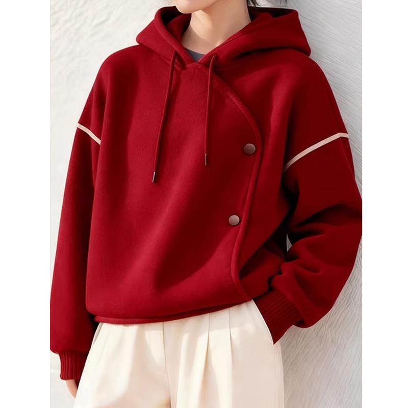 2025 New Autumn and Winter Loose Lazy Style Christmas Red Hooded Asymmetrical Thickeneded Velvet Sweatshirt Jacket for Women 2025 New Autumn and Winter Loose Lazy Style Christmas Red Hooded Asymmetrical Thickeneded Velvet Sweatshirt Jacket for Women