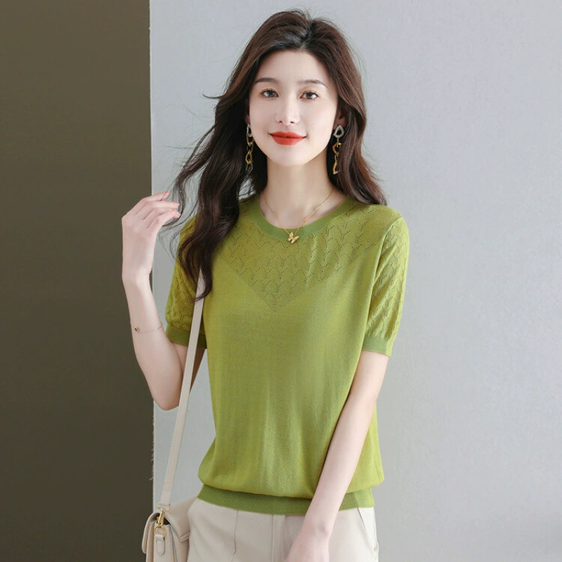 Летняя майка из шелковистой ткани, свободного кроя, большого размера, с вырезами, короткий рукав, 2025, для мам, трикотажное изделие.