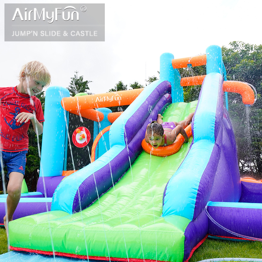 Castillo inflable con rociador de agua AMF para uso doméstico, tobogán inflable interior para niños, trampolín inflable pequeño con rociador de agua