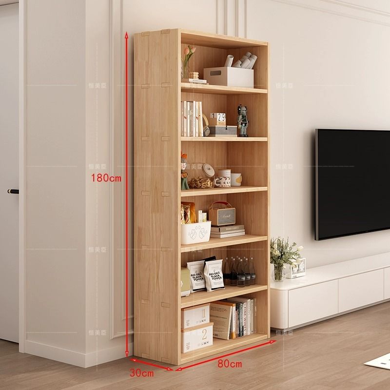 All-Solid Wood Bookshelf, Floor-Standing Solid Wood Storage Rack, Bookcase, Household Side Storage Cabinet, Integrated Wall-Mounted Simple Cabinet