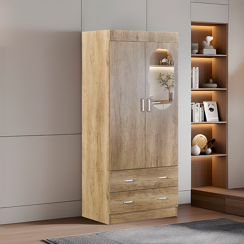 Custom Wardrobe Home Bedroom with Drawer Wood Color Wardrobe Simple with Mirror Double Door Storage Wardrobe Wholesale