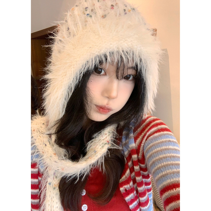 甜美彩色糖豆毛线帽女秋冬季加厚保暖针织毛绒帽毛茸护耳雷锋帽子|undefined