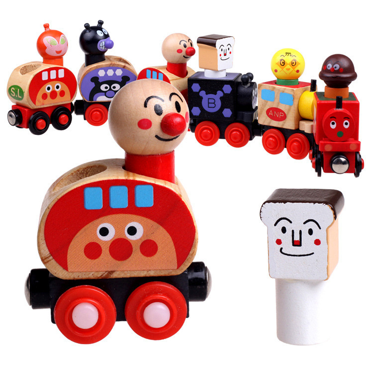 Pan superman de madera de tracción magnética tren pequeño juguete de títeres divertidos para niños se puede combinar con bloques de construcción de órbita 2 años