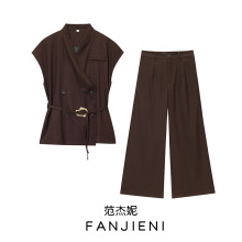 ZR外贸批发 欧美风女装 时尚气质金色扣头装饰上衣时尚休闲长裤