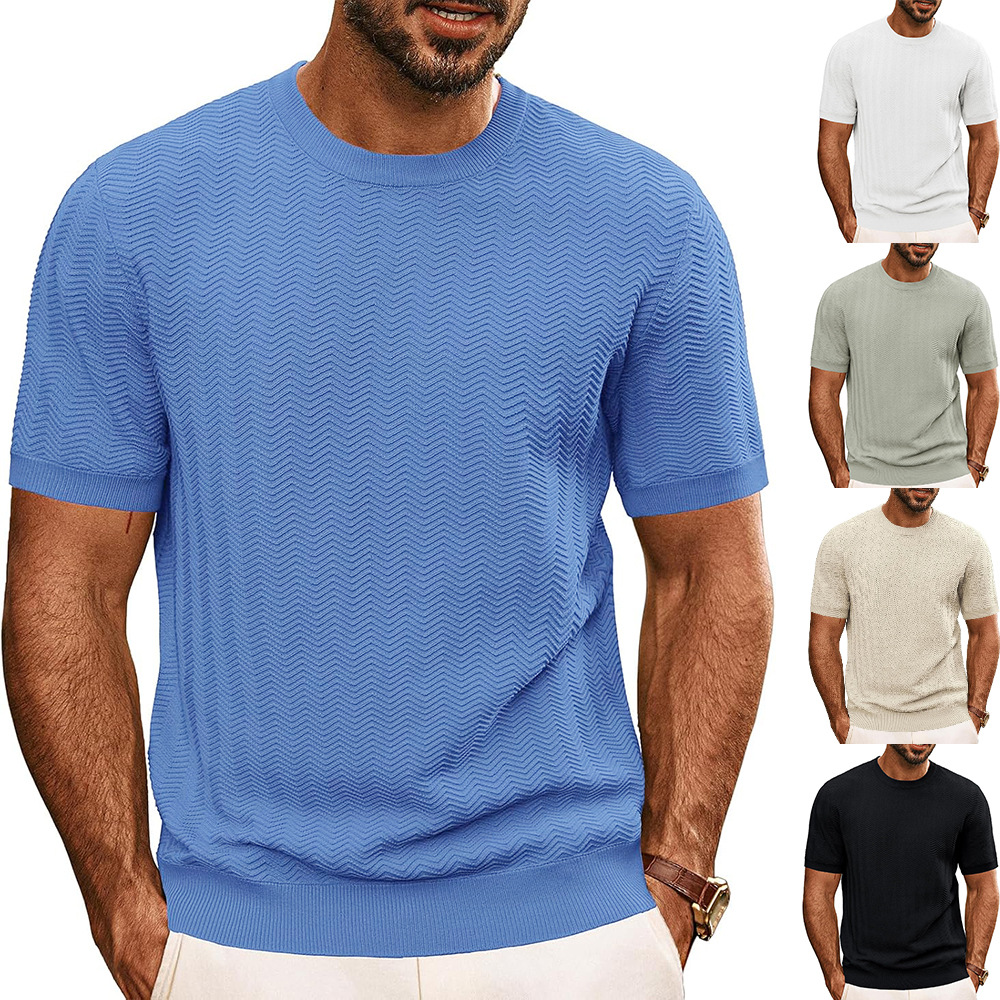 European and American Fashion Men's Knitwear Men's Tops Summer Hollow Breathable Knitwear Round Neck Short-Sleeved Solid Color T-Shirt