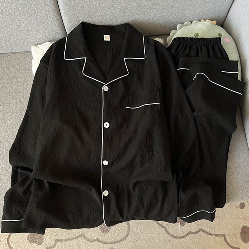 大码100%纯棉纱男士睡衣春秋款长袖简约黑色外穿家居服夏季套装|undefined