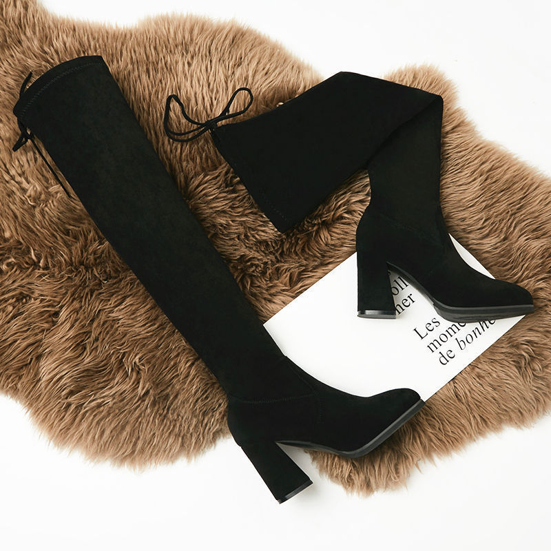 Elastic Over-The-Knee Thick and Thin Heel Plus Velvet Boots Slim Boots Pointed Toe Versatile High Heels Boots for Women 2025 Autumn and Winter New Style