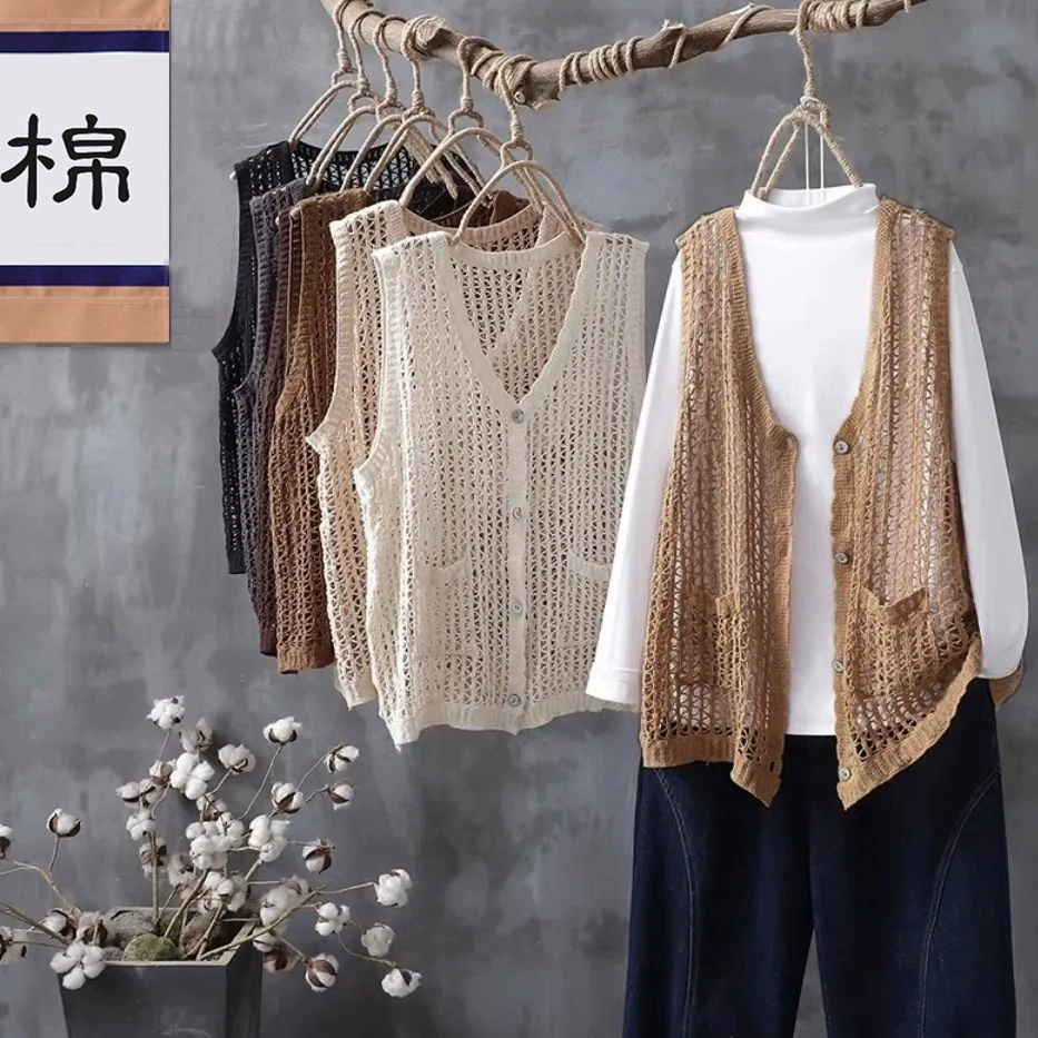 Летний хлопковый однобортный жилет с V-образным вырезом, Свободный кардиган без рукавов, внешний жилет, Тонкий Топ больших размеров для женщин