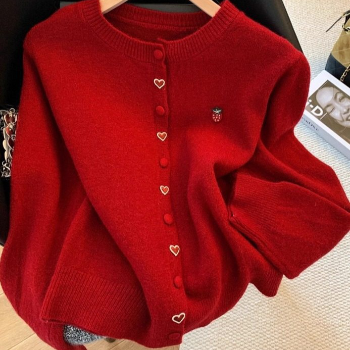 New Year and Christmas Red Button Heart Sweater Coat for Women, Autumn and Winter Loose Soft Korean Style Versatile Knitted Cardigan