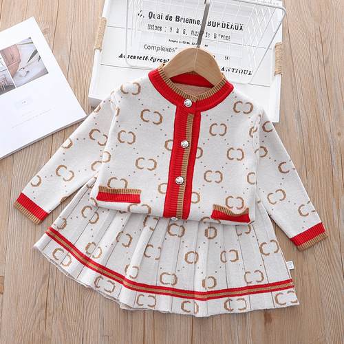 New Stylish Girls' Little Lady Fashion Sweater Set with Skirt for Young Girls, Cotton Wool Knit Cardigan Half Skirt Two-Piece Set