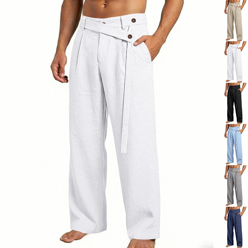 Men's Solid Color Linen Pants Simple Loose Fit High End Straight Leg Casual Midweight Polyester Long Trousers_viptrois.com