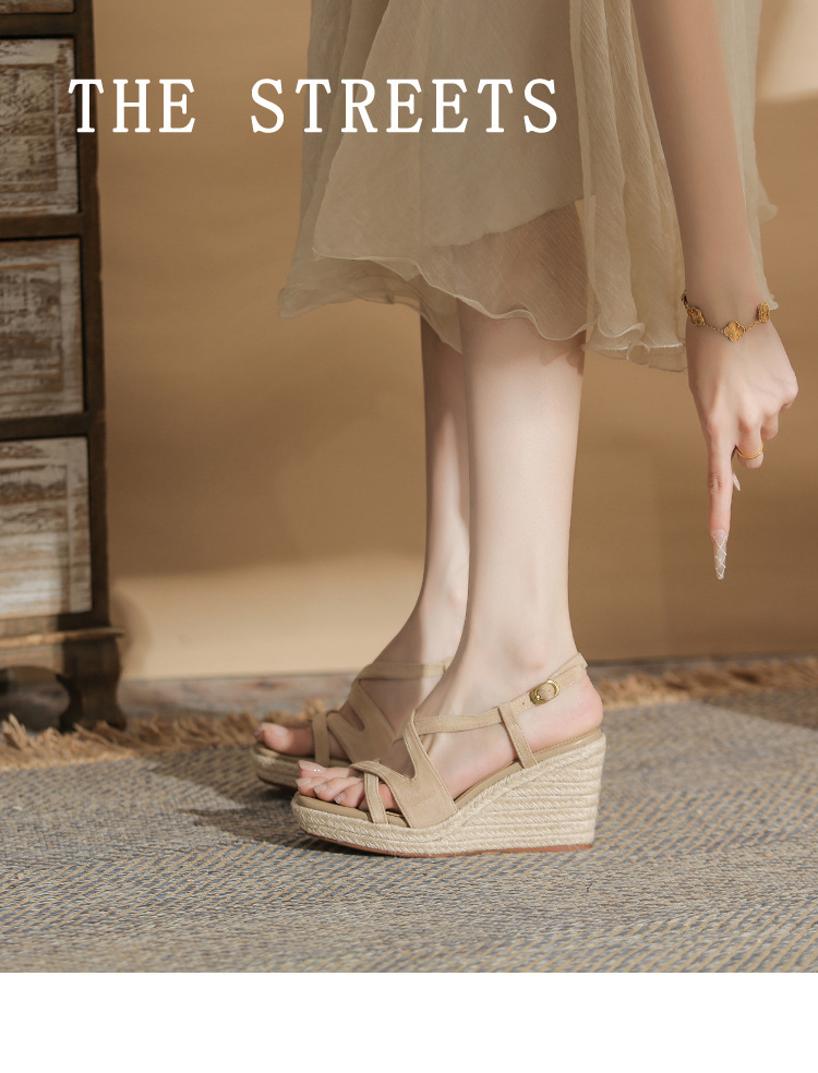 Sandal cao gót nữ hở mũi đế xuồng bọc dây thừng MJ90111 — màu đen chi tiết 1