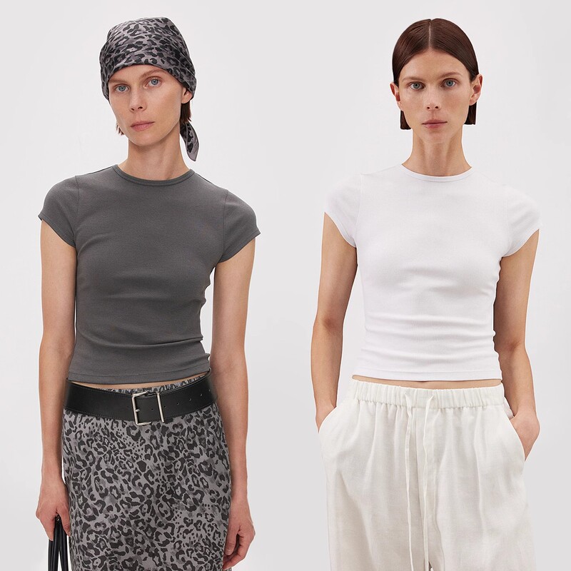 2025 Summer New American Style Small Flutter Sleeve T-Shirt Super Stretch Slimming Silk Cotton Cupro Rib Versatile Color Slim Fit