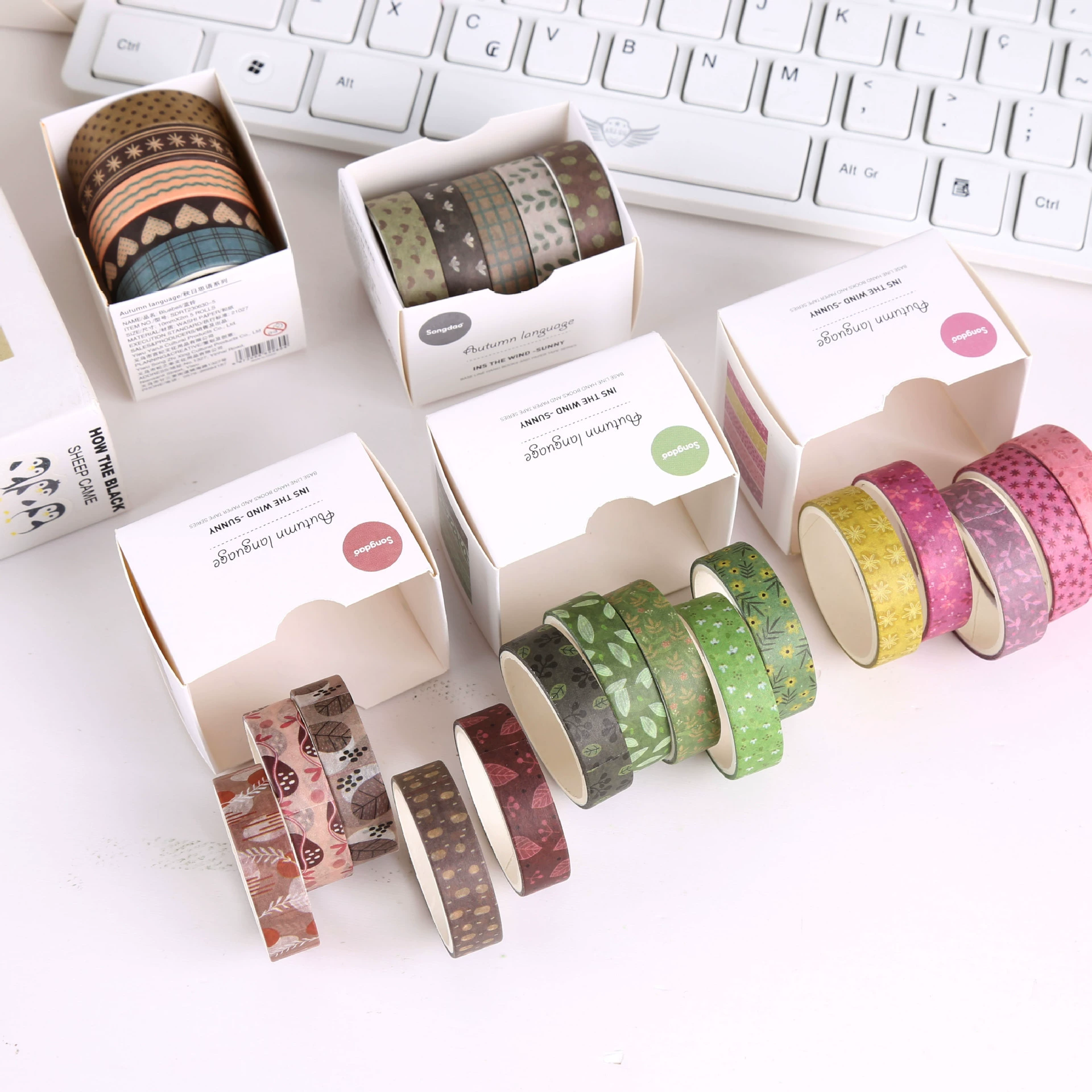 Washi tape set Mori Mori, 1 cm × 2 m 5‑rolls, retro decorative patterns