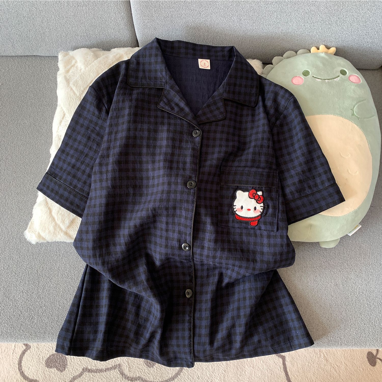 Pijama coreano de primavera y otoño lindo KT gatos cuadrícula pantalones cortos de manga corta cardigan set nubes algodón ropa de hogar se puede usar fuera