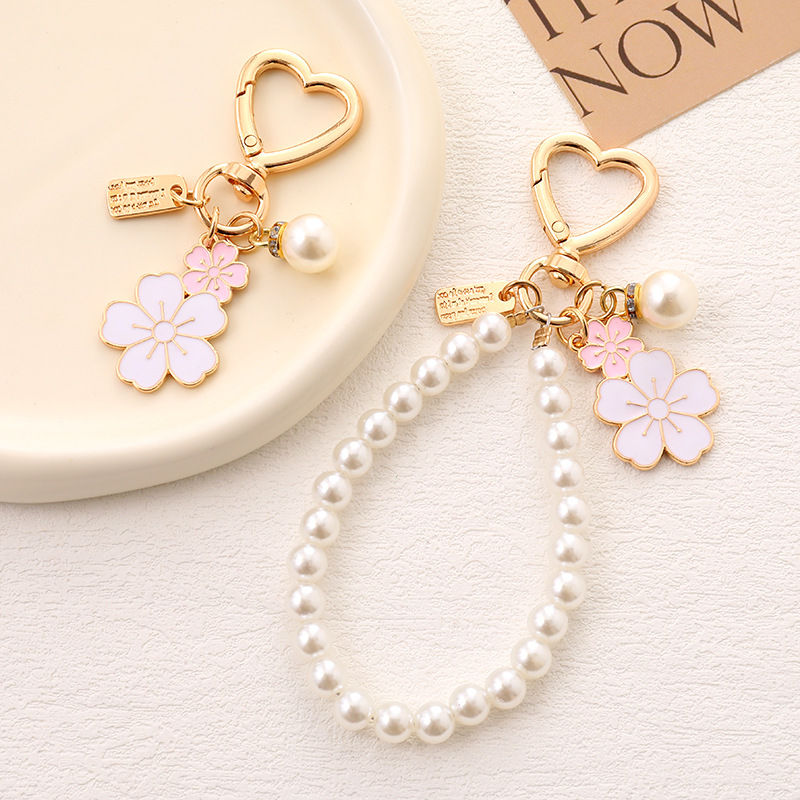 Korean-Style Ins Two-Tone Cherry Blossom Pearl Chain Bag Wristlet Phone Holder Fashion Versatile Bag Accessory