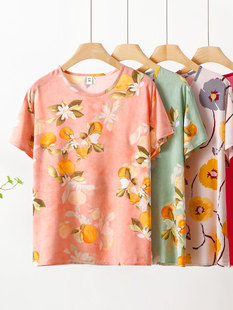 Middle-Aged and Elderly Women's Cotton Silk Shirts 2024 Summer Large Size Pullover Short-Sleeved Mom Tops Artificial Cotton Casual T-Shirts
