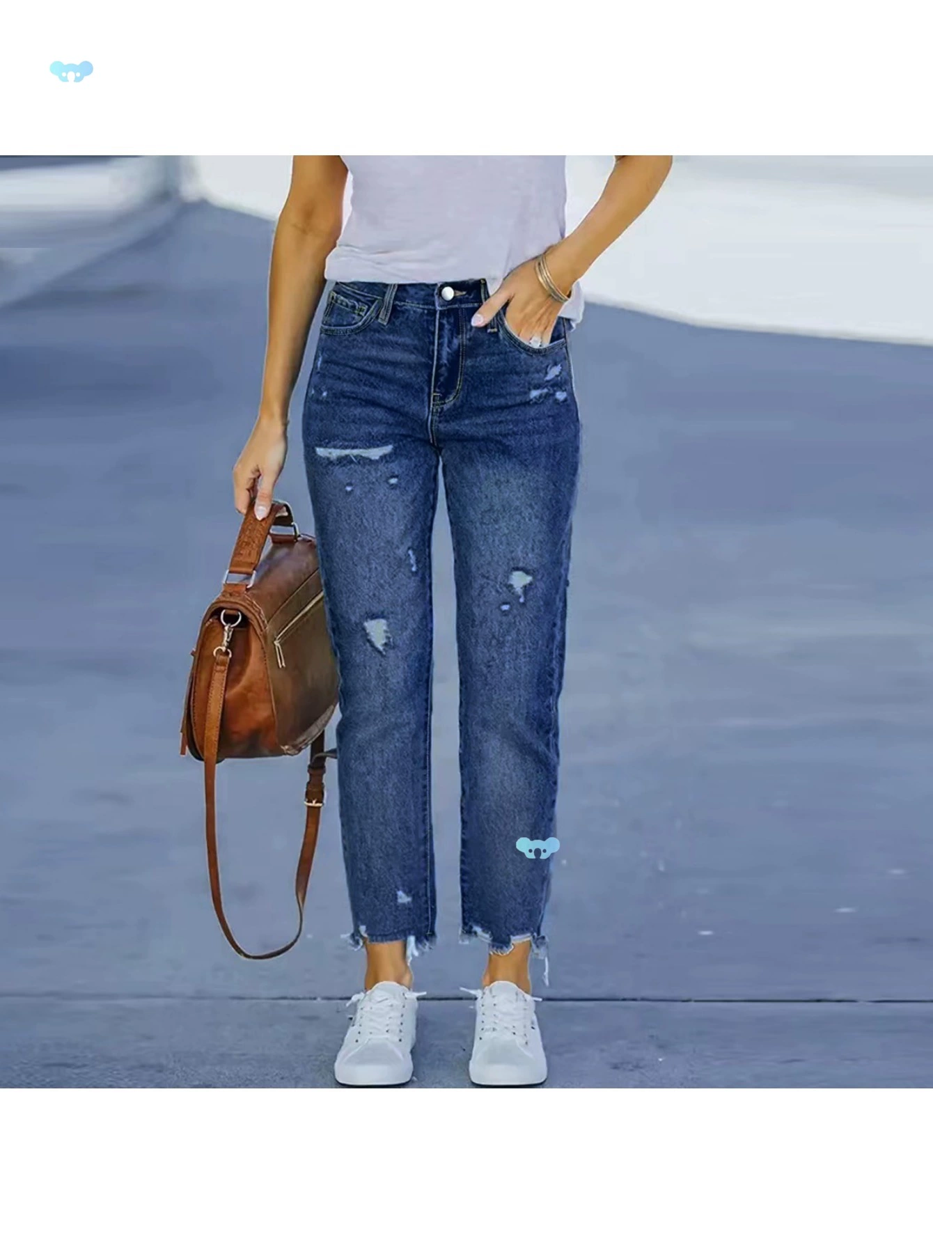 Рваные укороченные джинсы в европейско-американском стиле: женские повседневные