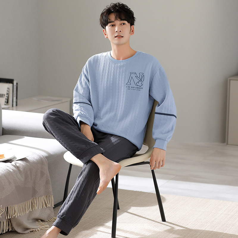 Pijamas de algodón de aire para hombres otoño y invierno engrosados manga larga primavera y otoño intercalado coreano nuevo conjunto de ropa de hogar caliente