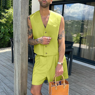 Cross-border temu summer hot men's European and American V-neck sleeveless leisure vest vest high waist wide leg shorts suit