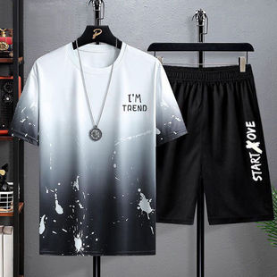 Summer Casual Suit Men's Thin Quick-Drying Round Neck Short-Sleeved T-Shirt Youth Home Wear Sports Shorts Two-Piece Set
