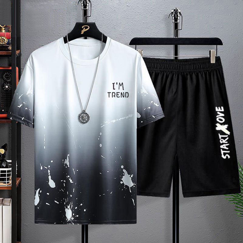 Summer New Men's Casual Suit Fashionable Printed Short-sleeved T-shirt Large Size Shorts Sports Outdoor Two-piece Set
