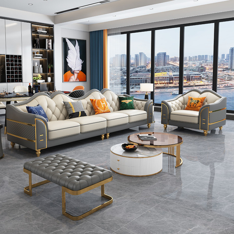 Light Luxury Genuine Leather Sofa, Top Layer Cowhide, Suitable for Small and Large Spaces, Four-Seater Straight-Row Living Room Set, American-Style Buttoned Leather Sofa