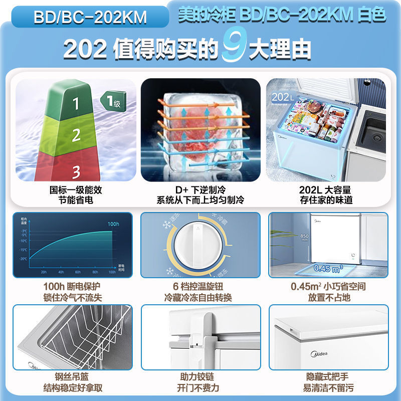 美的冷柜202升冰柜家用低霜节能商用超市卧式冷藏冷冻冰柜