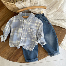 男女童春款衬衣2025新款纯棉洋气格子衬衫小童宝宝休闲百搭两件套