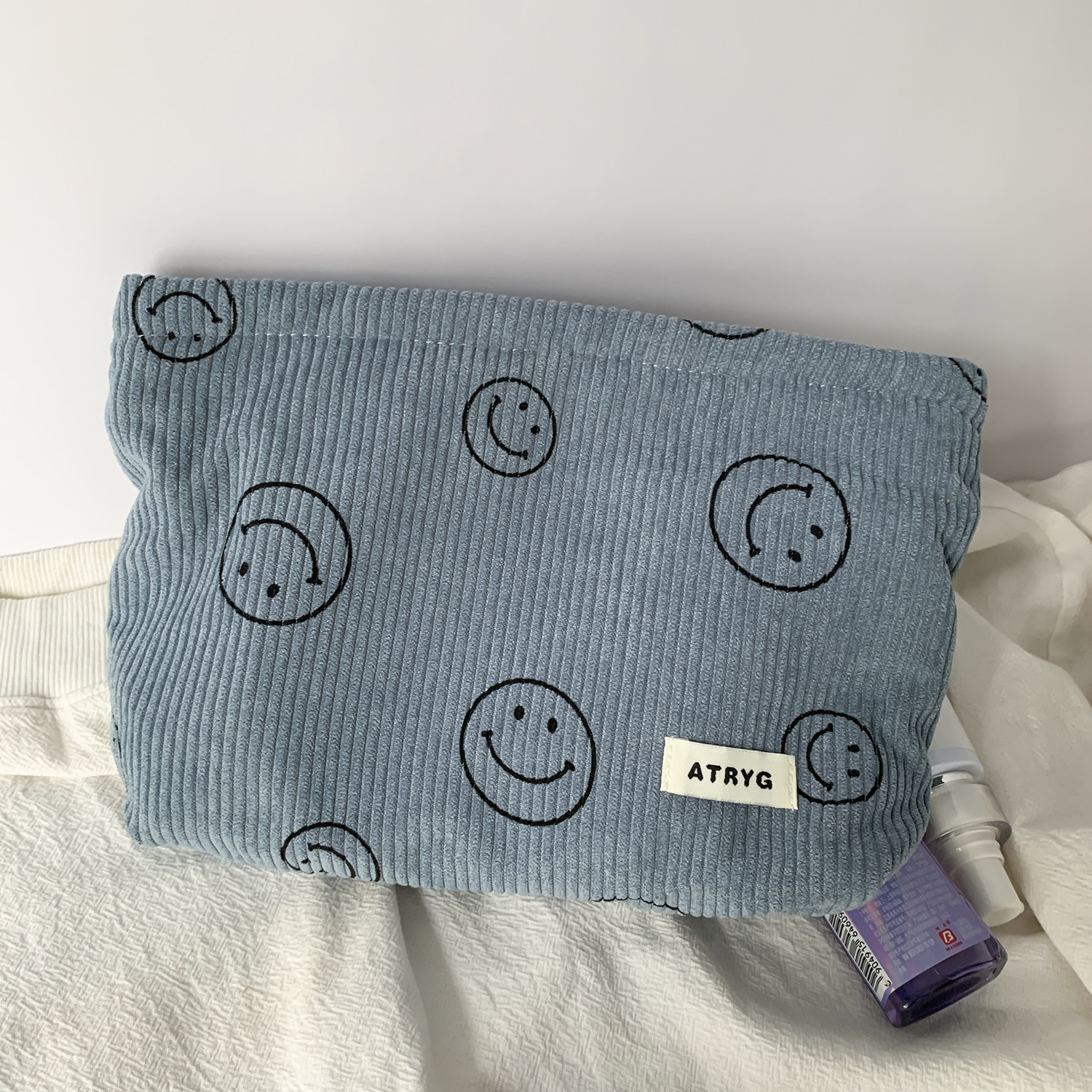 Bolsa de cosméticos de pana de lunares de lona transfronteriza, almacenamiento de cara sonriente, bolso de mano de lavado, llave, billetera móvil, estuche para lápices