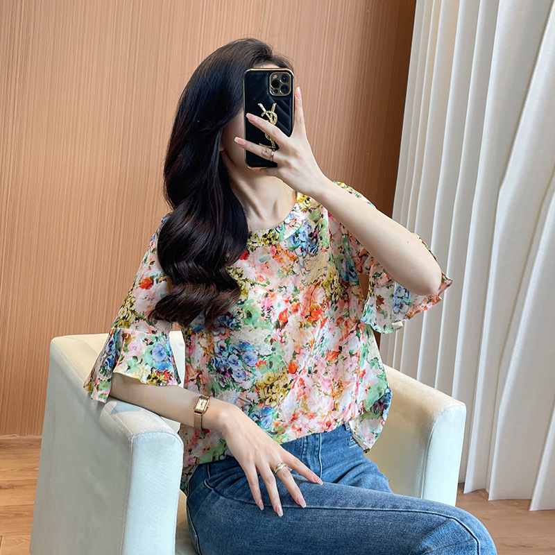 Silk Top 2024 New Style Western Style Mother T-Shirt Loose Crepe de Chine Large Size Round Neck Hangzhou Mulberry Silk Brand