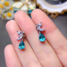 欧美爆款镀膜帕拉伊巴托帕石耳钉925银精工镶嵌水滴5*7mm可代发货