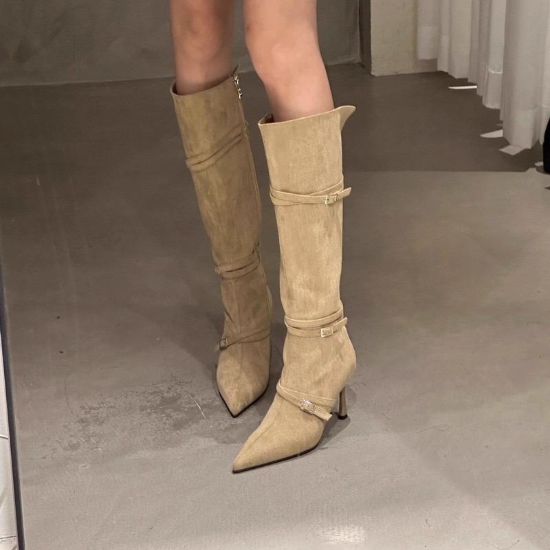 ブーツの女性の細いベルトのスエードの細いヒールの先の長いブーツのハイヒールは膝のやせている靴を越えません。|undefined