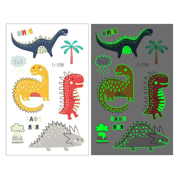 Suministro transfronterizo nuevo dinosaurio luminoso tatuaje pegatinas niños dibujos animados diversión pegatinas luminosas pegatinas temporales del tatuaje
