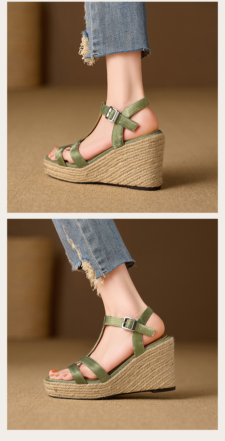 Sandal cao gót nữ hở mũi đế xuồng bện rơm, quai chữ T khóa cài, gót 9 cm — xanh lá cây, màu mơ chi tiết 14