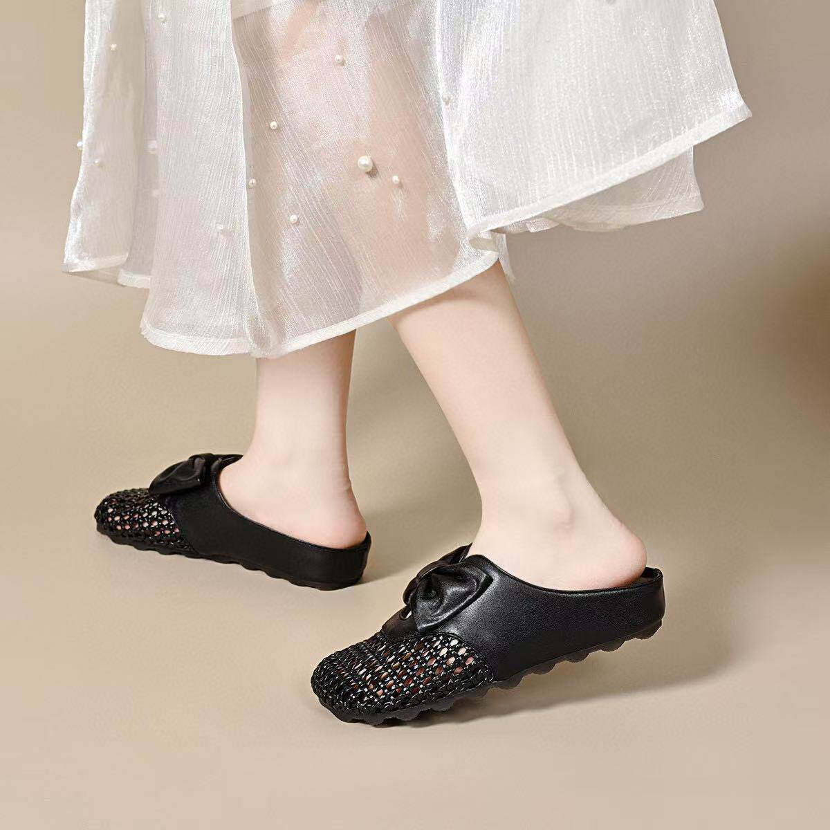 Dép sandal nữ đế bệt dệt rỗng mũi tròn nơ bướm — màu đen chi tiết 7