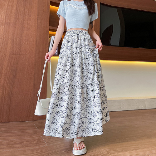 Floral skirt for women new spring and summer black mid-length high-waist retro slimming hips A-line large umbrella skirt