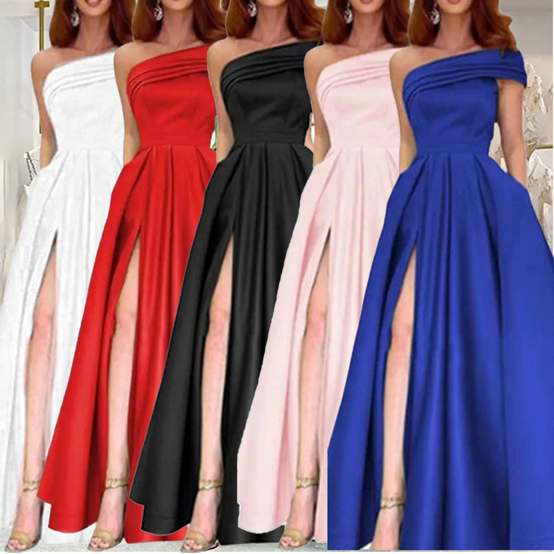 Foreign Trade One-Shoulder Satin Dress Amazon Evening Dress Birthday Party Tutu Skirt Green High Slit Sexy Jumpsuit Foreign Trade One-Shoulder Satin Dress Amazon Evening Dress Birthday Party Tutu Skirt Green High Slit Sexy Jumpsuit